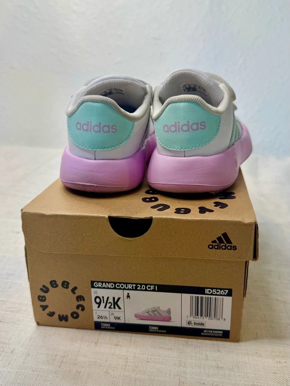 adidas Kids grand court 2 White Sneakers with Mint Stripes & Pink Soles